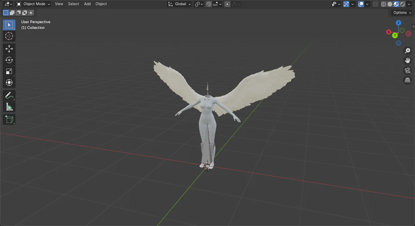 Blender viewport: feathered angel wings fitted to a character body